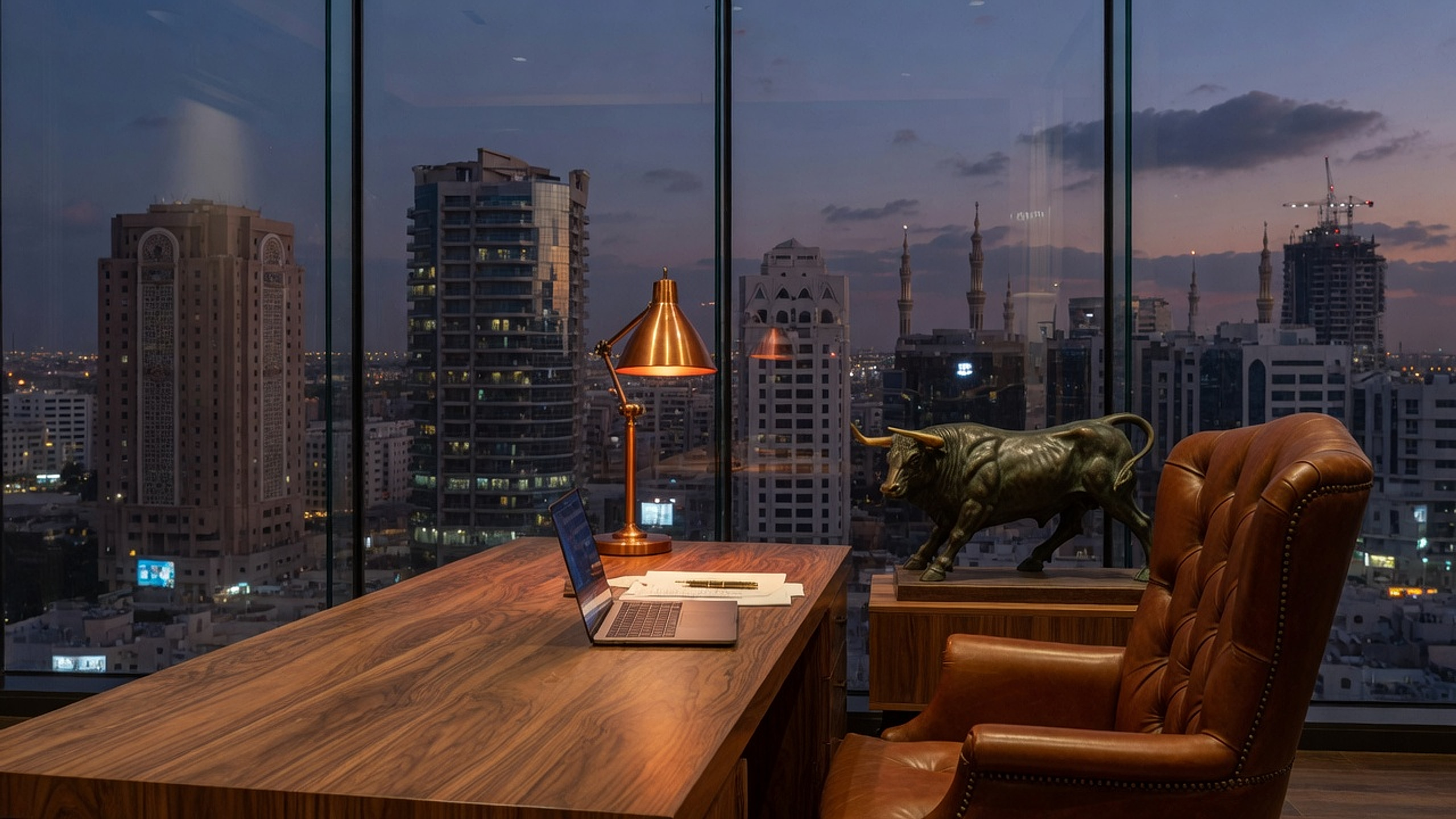 Founder’s office with a bronze bull on the desk